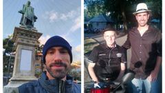 A la izquierda, Ram�n Harvey Pl� delante de la estatua de su tatarabuelo, y a la dercha, con su padre, Felipe Pl�, bisnieto del marqu�s de Amboage