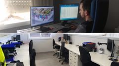 Abajo, la oficina t�cnica de la empresa vac�a. Arriba, uno de los delineantes trabajando desde casa