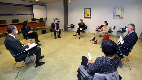 El vicepresidente del Gobierno y consejero de Administraci�n Auton�mica, Medio Ambiente y Cambio Clim�tico, Juan Cofi�o (3i), y la consejera de Cultura, Pol�tica Lling��stica y Turismo, Berta Pi��n (2i), se reunieron este martes con el presidente de la Federaci�n Asturiana de Empresarios (FADE), Belarmino Feito (2d). 