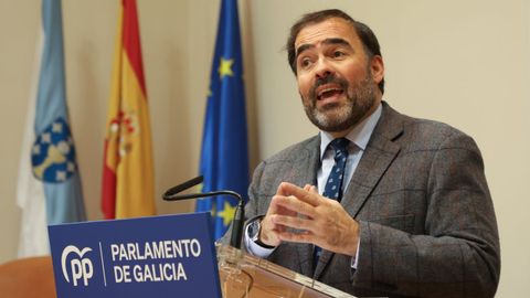 El portavoz del�PPdeG en el Parlamento Gallego, Alberto Pazos, en una rueda de prensa este jueves.