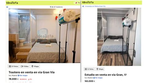 A la derecha, el inmueble anunciado como estudio cuando carece de la correspondiente cdula de habitabilidad. A la izquierda a mitad de precio y catalogado como trastero en el mismo portal inmobiliario.