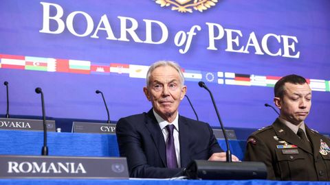 El ex primer ministro brit&aacute;nico Tony Blair, el pasado febrero, en la inauguraci&oacute;n de la Junta de la Paz en Washington.