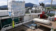 Un pesquero descargando en Galicia calamar capturado en As Malvinas, el pasado mayo