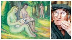 �leo sobre t�boa, �Paisaje con figuras�, pintado en 1977 e que poder� verse na exposici�n que acoller� a Fundaci�n Seoane a partir do vindeiro 17 de decembro. � dereita, retrato de Colmeiro realizado o 16 de abril de 1999 por Xo�n Carlos Gil.