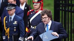 Javier Milei, durante las conmemoraciones del 44.� aniversario de la guerra, en abril