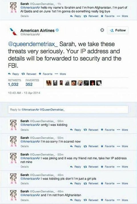 Conversacin de Twitter entre la adolescente y American Airlines