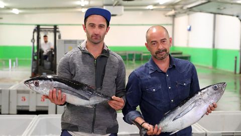 Julin Gonzlez, patrn del Siempre Peco, y Armando Prendes, de Alimerka, posando esta madrugada con los primeros bonitos de la costera del 2022