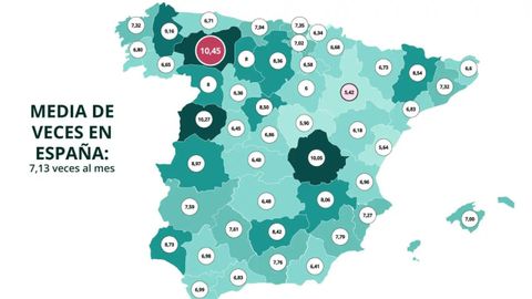 Mapa de la media de veces que se usan juguetes sexuales en las provincias de Espaa