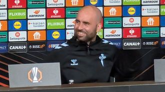 El entrenador del Celta, Claudio Gir�ldez, en la rueda de prensa previa al duelo de vuelta de octavos de final de la Europa League frente al Olympique de Lyon.