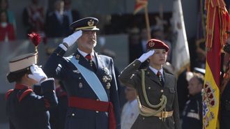 La Princesa de Asturias, Leonor y el Rey Felipe VI durante el desfile del 12 de octubre, D�a de la Fiesta Nacional, de hace�tres a�os