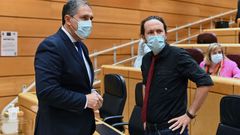 El vicepresidente segundo del Gobierno, Pablo Iglesias, antes de la comparecencia del presidente del Gobierno, Pedro S�nchez, en el pleno del Senado