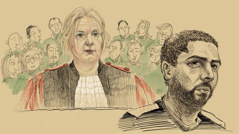 Mehdi Nemmouche, en un dibujo, durante el juicio en B�lgica, pa�s en el que est� proh�bido fotograf�as y v�deos
