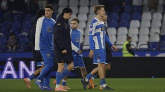 Charlie Pati�o y Arnau Comas, tras el partido entre el D�por y la Real Sociedad B.
