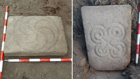 Las piezas tienen un relieve de un Trisquel y una cruz embolada