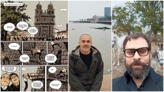 Iv�n Su�rez, debuxante do c�mic, e Inacio Vilari�o, autor do texto. � esqueda, detalle dunha das p�xinas da obra.