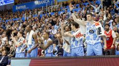 Celebraci�n de un triple en el banquillo del Breog�n en el partido ante el Real Madrid en el Pazo.