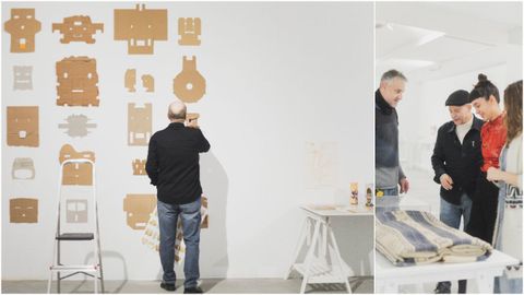 Pepe Barro, ultimando a montaxe de �O arquivo de Barro�. � dereita, Barro, con boina, inspecciona as pezas acompa�ado do equipo da fundaci�n compostel� (de vermello, a comisaria M�nica Maneiro).