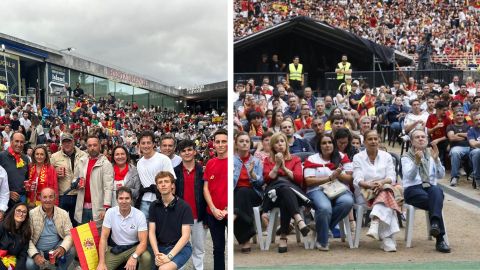 A la izquierda, foto de archivo de la pantalla gigante en la Praza da Estrela durante la final de la Eurocopa de 2024, con la vicepresidenta de la Diputaci�n, Luisa S�nchez; a la derecha, foto del pasado lunes en Castrelos, con el alcalde de Vigo,Abel Caballero.