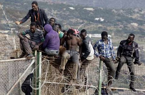 Inmigrantes encaramados en la valla de Melilla en la zona de Aguad�, el pasado d�a 3.