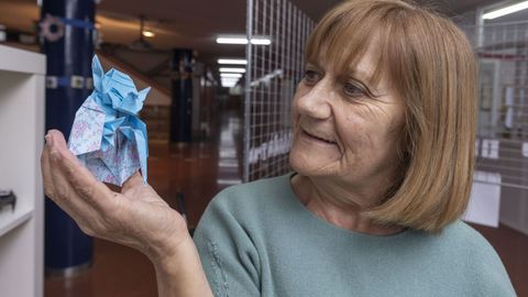 A la entrada del IES Antonio Fraguas de Fontias se ven, en vitrinas y por las paredes, las obras de papiroflexia de Teresa Otero y de sus alumnos