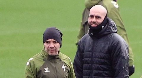 Iago Aspas y Claudio Gir�ldez, en un entrenamiento reciente del Celta.