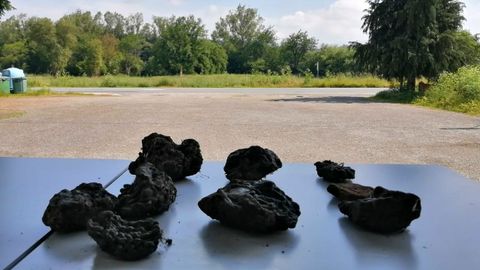 Al fondo de la imagen, el terreno donde se realizar� un sondeo con georradar en busca de vestigios de la antigua iglesia de Cereixa y la aldea de Sobrado. En primer t�rmino, escorias de hierro halladas en la zona que pueden proceder del n�cleo desaparecido