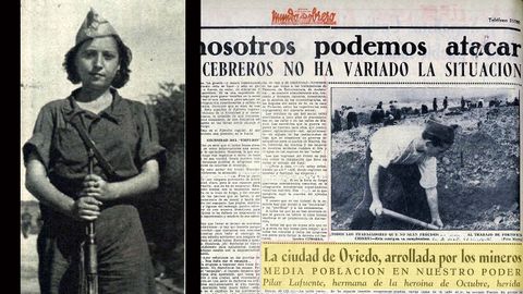 A la izquierda, la miliciana Pilar de la Fuente, hermana de Aida (La rosa roja, asesinada en 1934). A la derecha, noticia del diario Mundo Obrero que contaba que haba sido herida