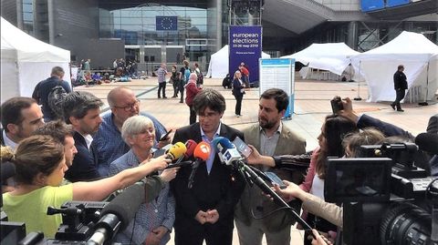 Ponsat, Puigdemont y Comin, en declaracin a la prensa en el 2019 ante la Eurocmara.
