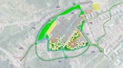 Plan de accesos y aparcamientos del Clnico. En lila, viales exteriores; en azul, interiores; en verde, carril bici