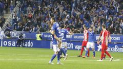 Javi Hernández y Mossa celebran la victoria frente al Sporting