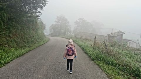 La pequea, de cinco aos, tiene que caminar todos los das ms de un kilmetro para llegar a la parada del autobs