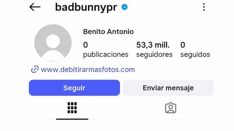 Pantallazo de la cuenta vac�a de Bad Bunny, que solo tiene un enlace a su �lbum DeB� TiRAR M�S FOToS