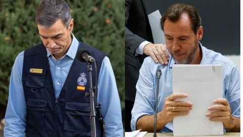 De izquierda a derecha, el presidente del Gobierno, Pedro S�nchez, ofreciendo declaraciones tras su reuni�n en el Cecopi, y el titular de Transportes, �scar Puente, en la rueda de prensa que ofreci� este viernes.