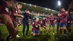 Los jugadores del Pontevedra celebran el triunfo ante el Mallorca en Copa del Rey el pasado 3 de enero