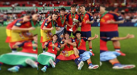 Anxo Rodr&iacute;guez y Andr&eacute;s Anta&ntilde;&oacute;n, portando distintivos del Celta, celebrando con compae&ntilde;eros de la selecci&oacute;n espa&ntilde;ola sub-19 el tirunfo en el Europeo.