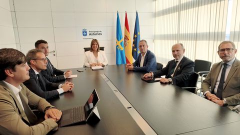De izqda. a dcha: el consejero de Ciencia, Industria y Empleo, Borja S�nchez; el teniente alcalde de Oviedo, Nacho Cuesta; el consejeros de Hacienda y Fondos Europeos, Guillermo Pel�ez; la vicepresidenta, Gimena Llamedo; el consejero de Ordenaci�n de Territorio, Urbanismo, Vivienda y Derechos Ciudadanos, Ovidio Zapico; el rector de la Universidad de Oviedo, Ignacio Villaverde, y el director provincial de la Tesorer�a General de la Seguridad Social