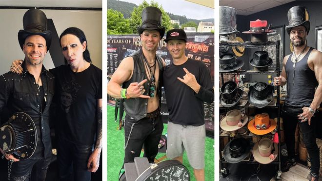 Marcos Souto con Marylin Manson, uno de sus clientes; con Michael Pfaff, de la banda Slipknot; y�junto a algunos de sus sombreros (la mayor�a inspirados en el rock y el �heavy� metal, aunque tambi�n recibe encargos de otro tipo)