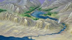La cascada del río Verdugo-Oitavén. La imagen reconstruye cómo era el entorno hace entre 65 y 45 millones de años tras la fisura que dividió las Cíes y la ría de Vigo. En la parte superior a la izquierda, las Cíes, que no eran islas. La ría era un valle fluvial con vegetación y el río acababa en cascada, en la parte inferior.