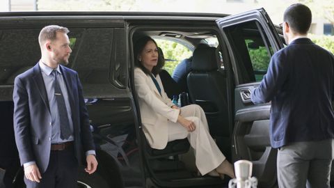 La opositora venezolana Mar�a Corina Machado, a su llegada a la sede del Departamento de Estado para reunirse con Marco Rubio