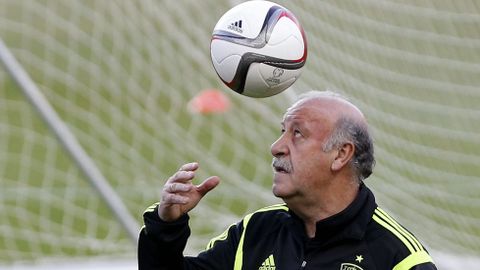 El entrenador de Espa�a, Vicente del Bosque, juega con un bal�n durante el entrenamiento que la selecci�n espa�ola de f�tbol ha realizado esta tarde en el estadio S�nchez Pizju�n de Sevilla