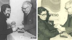 Ricardo Aneiros y Manola L�pez, cuando recibieron los carn�s del PCG de manos de su secretario xeral Santiago �lvarez