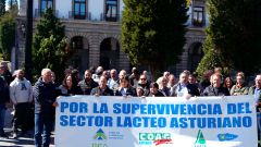 Los sindicatos agrarios y ganaderos Asaja, COAG, UCA y Usaga protagonizan este viernes ante la Delegaci�n del Gobierno en Asturias una protesta para expresar su malestar ante la �amenaza��de la bajada de los precios de la leche por parte de las industrias l�cteas