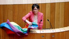 Carme Ad�n, del BNG, saca un bandera multicolor en el Parlamento