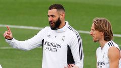 Karim Benzema y Luca Modric en un entrenamiento del Real Madrid.