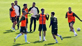 Los jugadores del Celta, durante un entrenamiento en la Cidade Deportiva Afouteza.