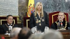 El fiscal general, García Ortiz; la presidenta del CGPJ, Perelló; y Felipe VI, este viernes durante la apertura del año judicial, en el Tribunal Supremo.