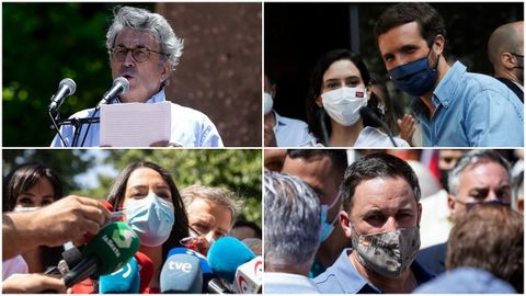 El escritor Andrs Trapiello abri la batera de discursos, Pablo Casado no se separ ni un momento de Daz Ayuso, Arrimadas sigui la protesta desde un discreto segundo plano y Santiago Abascal lleg casi en volandas al punto de partida establecido por su formacin para seguir la protesta, la estatua del almirante Blas de Lezo.