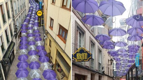 Dos vistas del techo de paraguas que, con motivo del 8M, se ha instalado en la calle Crucero de Luarca