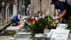 Vecinos de Porto, en Portugal, con mascarilla acondicionan las tumbas de sus familiares en v�speras de Difuntos