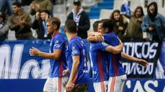 Linares Christian Carlos Rocha Real Oviedo Numancia Carlos Tartiere Horizontal.Linares, Christian, Rocha y Carlos celebran el tercer gol ante el Numancia